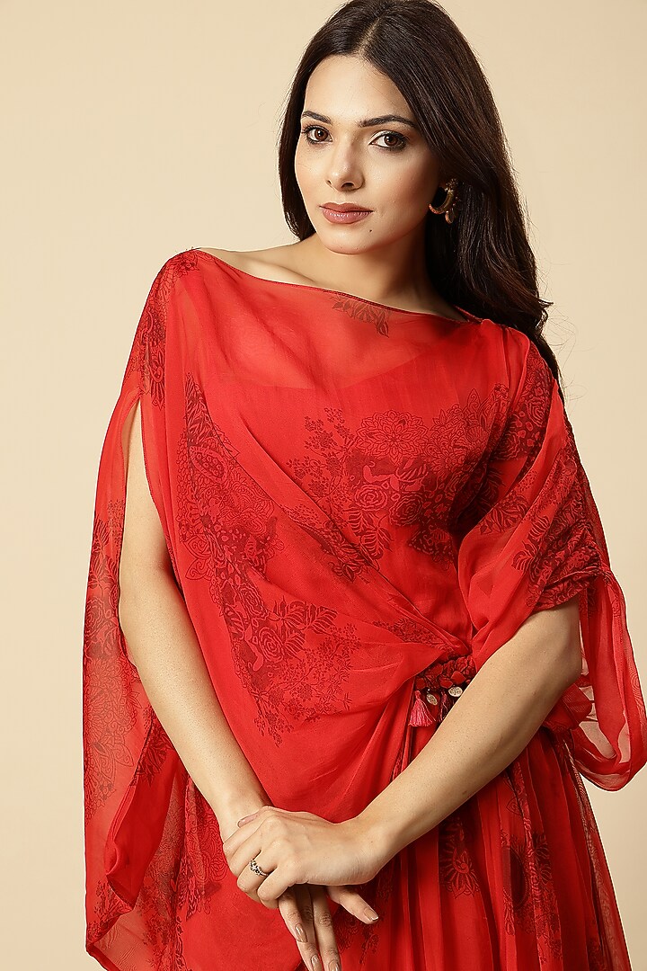 Red Organza Braided Work & Floral Printed Vacation Dress by Vannikaa Malik at Pernia's Pop Up Shop