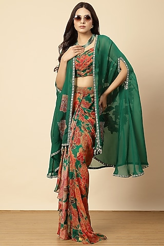 Green Organza Floral Printed Draped Dhoti Set by Vannikaa Malik