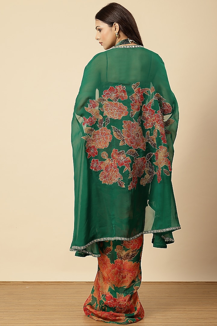 Green Organza Floral Printed Draped Dhoti Set by Vannikaa Malik at Pernia's Pop Up Shop