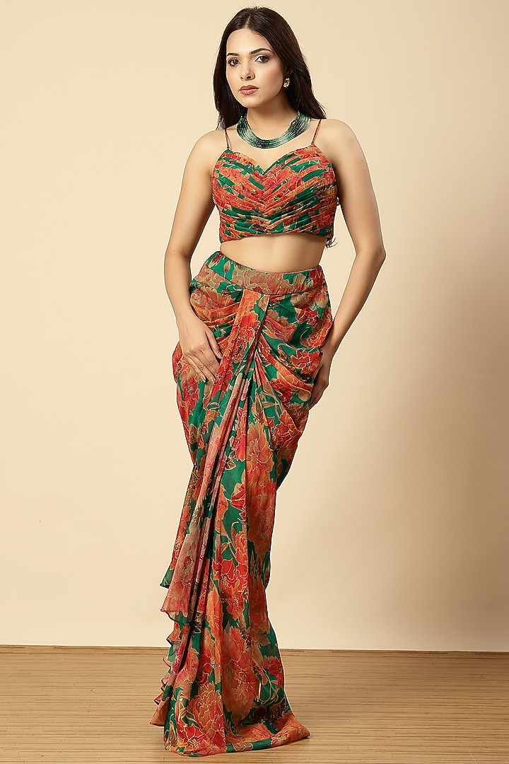 Green Organza Floral Printed Draped Dhoti Set by Vannikaa Malik at Pernia's Pop Up Shop