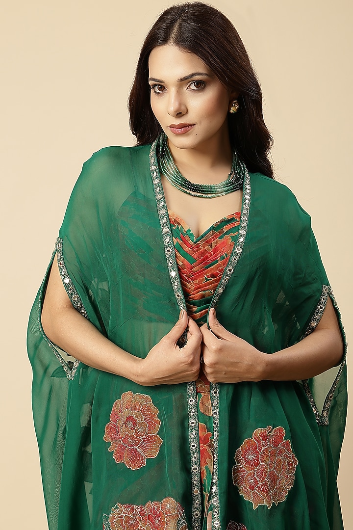 Green Organza Floral Printed Draped Dhoti Set by Vannikaa Malik at Pernia's Pop Up Shop