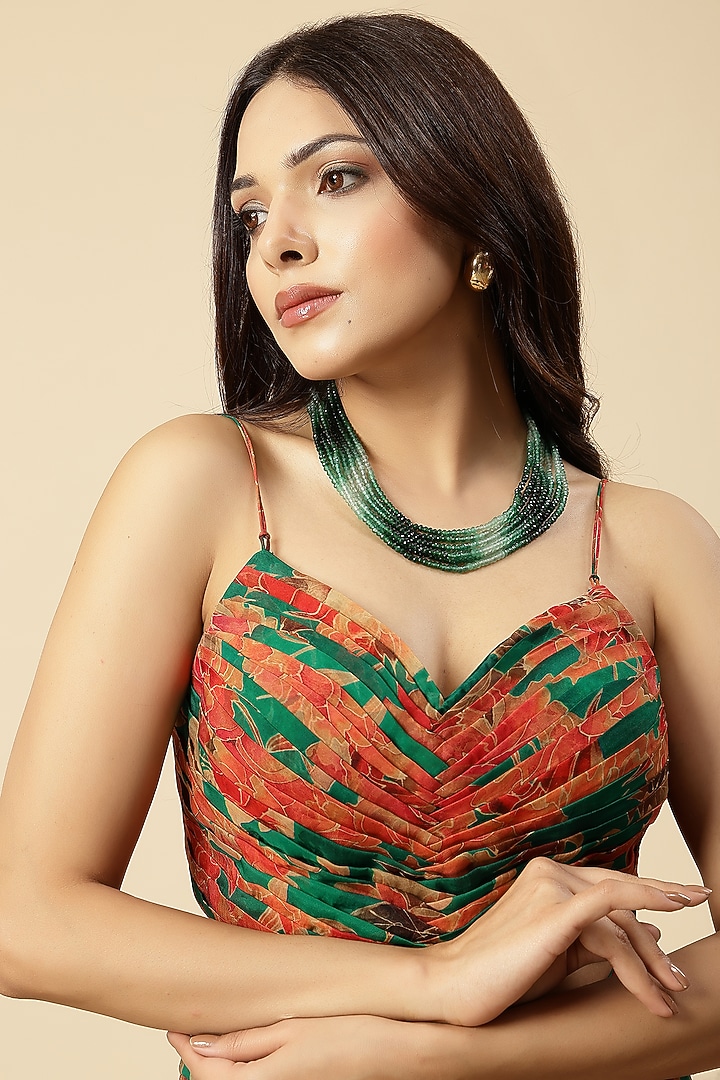 Green Organza Floral Printed Draped Dhoti Set by Vannikaa Malik at Pernia's Pop Up Shop