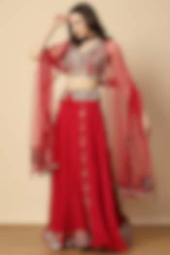 Rani Red Organza & Net Embroidered Sharara Set by Vannikaa Malik at Pernia's Pop Up Shop