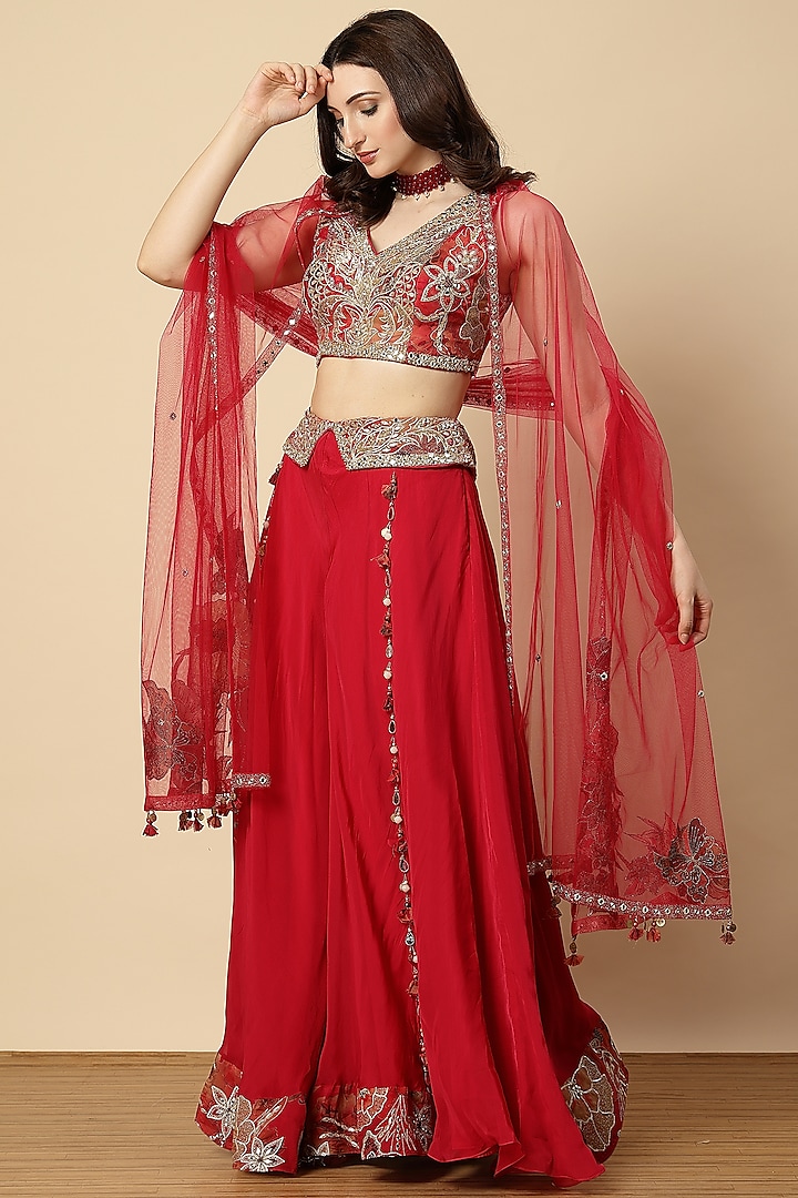 Rani Red Organza & Net Embroidered Sharara Set by Vannikaa Malik at Pernia's Pop Up Shop