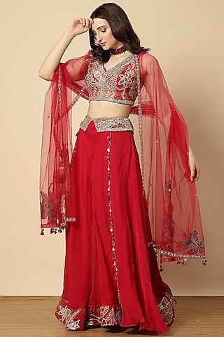 Rani Red Organza & Net Embroidered Sharara Set by Vannikaa Malik