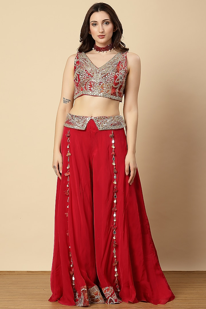 Rani Red Organza & Net Embroidered Wedding Sharara Set by Vannikaa Malik at Pernia's Pop Up Shop