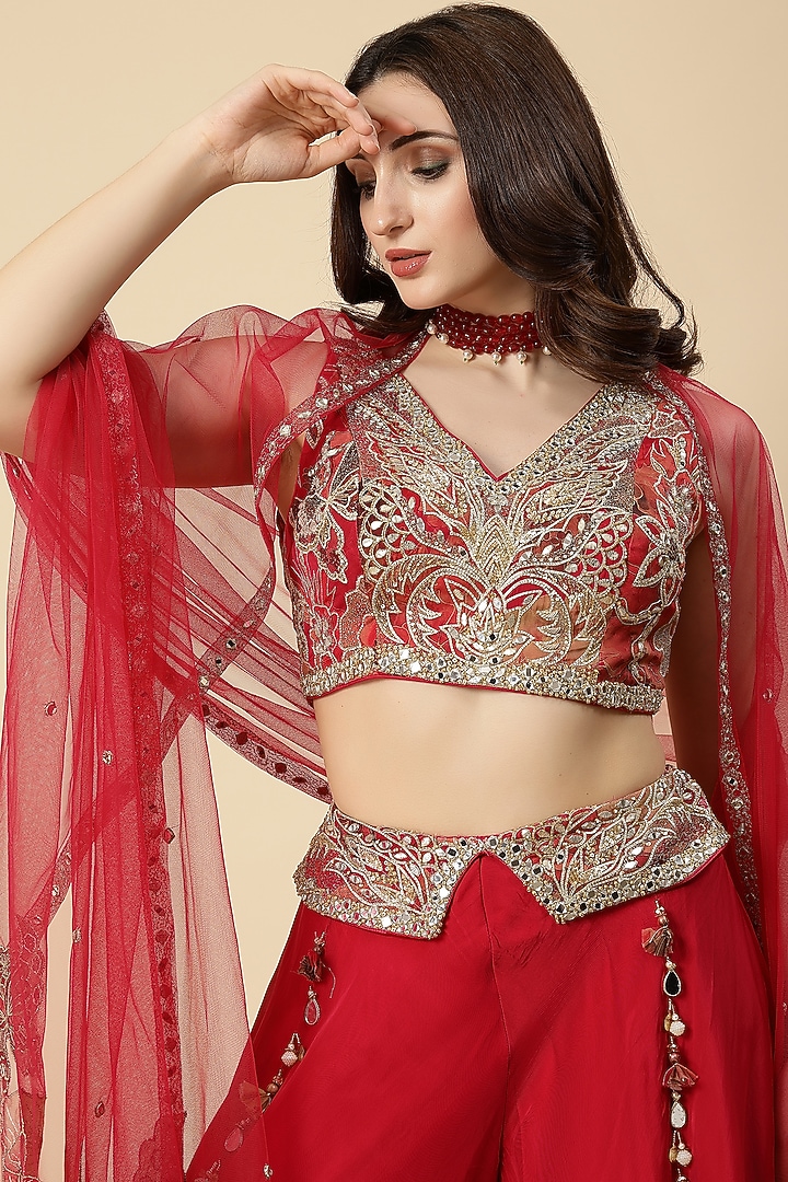 Rani Red Organza & Net Embroidered Wedding Sharara Set by Vannikaa Malik at Pernia's Pop Up Shop