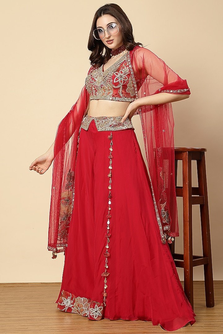 Rani Red Organza & Net Embroidered Wedding Sharara Set by Vannikaa Malik at Pernia's Pop Up Shop