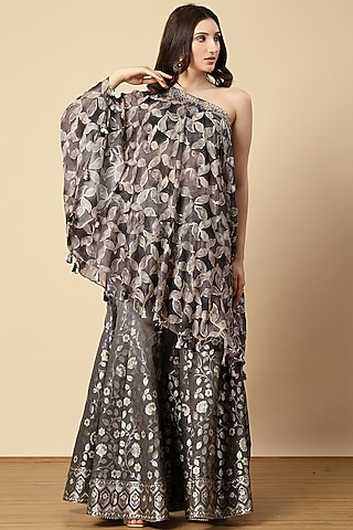 Grey Chinon & Banarasi Printed Sharara Set by Vannikaa Malik