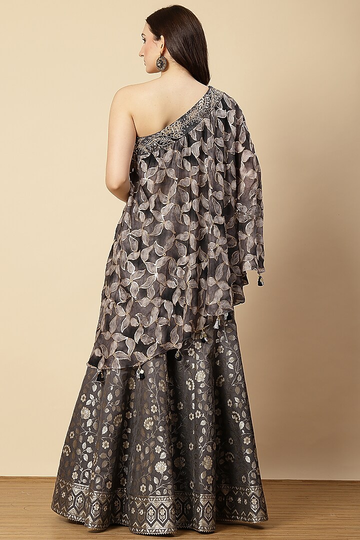 Grey Chinon & Banarasi Printed Wedding Sharara Set by Vannikaa Malik at Pernia's Pop Up Shop