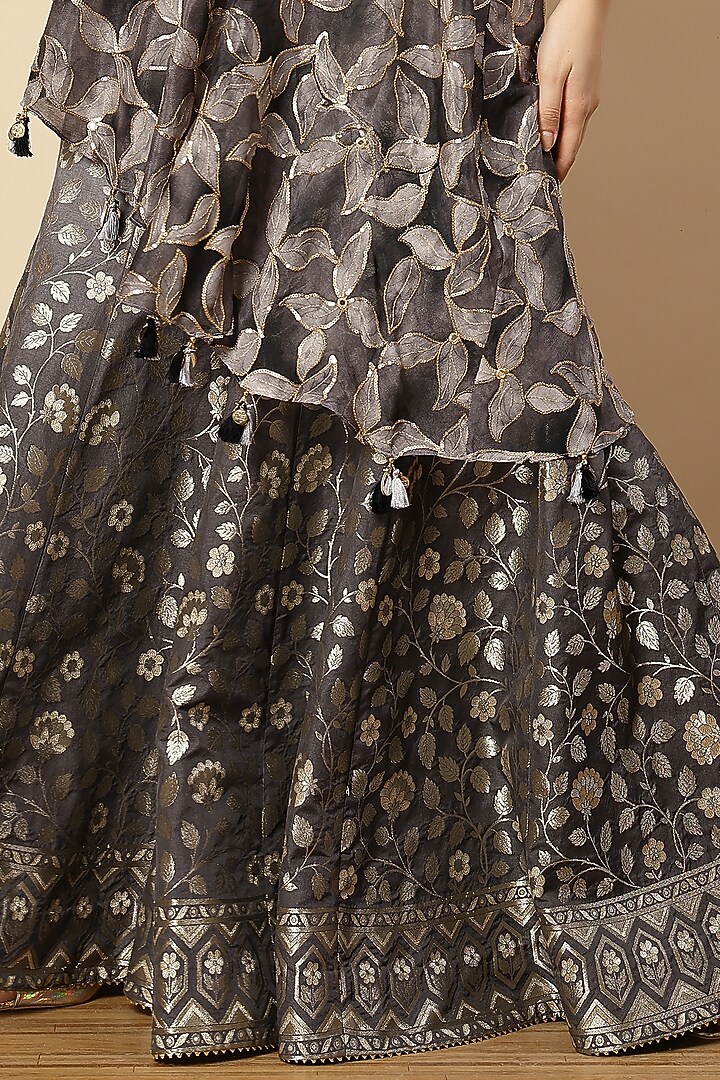 Grey Chinon & Banarasi Printed Wedding Sharara Set by Vannikaa Malik at Pernia's Pop Up Shop