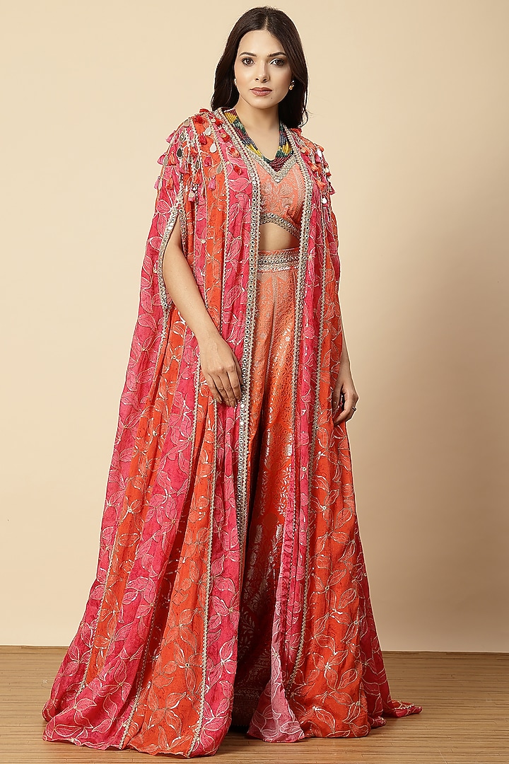 Rani Rust Chinon Mirror Work & Floral Printed Sharara Set by Vannikaa Malik at Pernia's Pop Up Shop