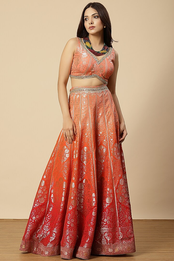 Rani Rust Chinon Mirror Work & Floral Printed Wedding Sharara Set by Vannikaa Malik at Pernia's Pop Up Shop