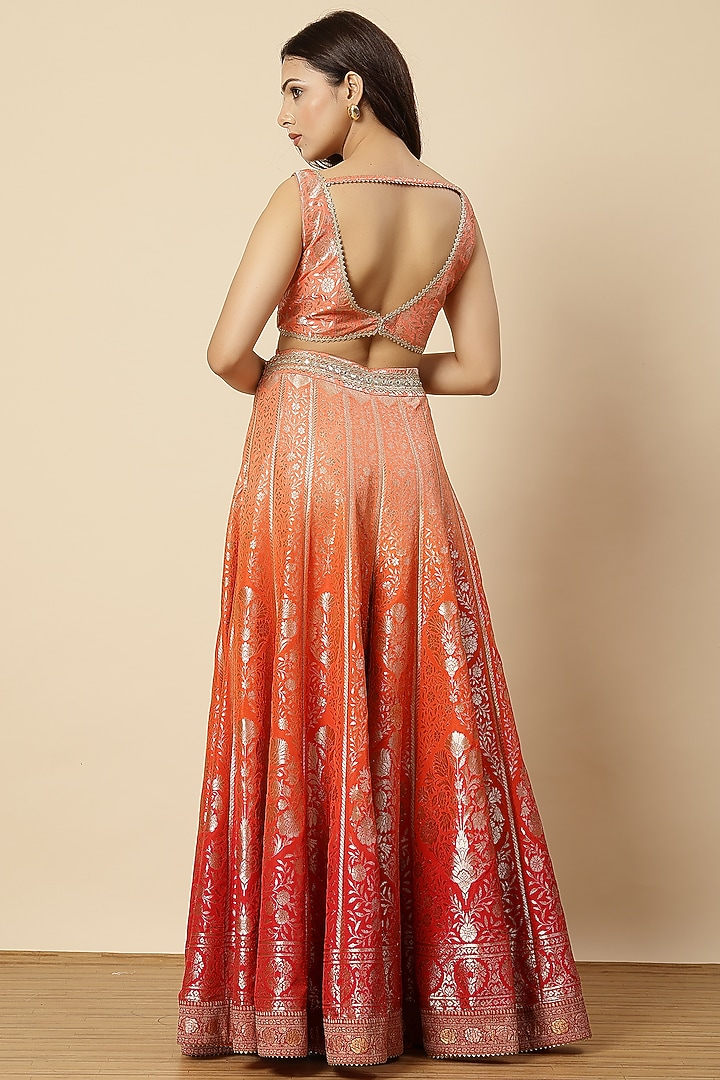 Rani Rust Chinon Mirror Work & Floral Printed Wedding Sharara Set by Vannikaa Malik at Pernia's Pop Up Shop