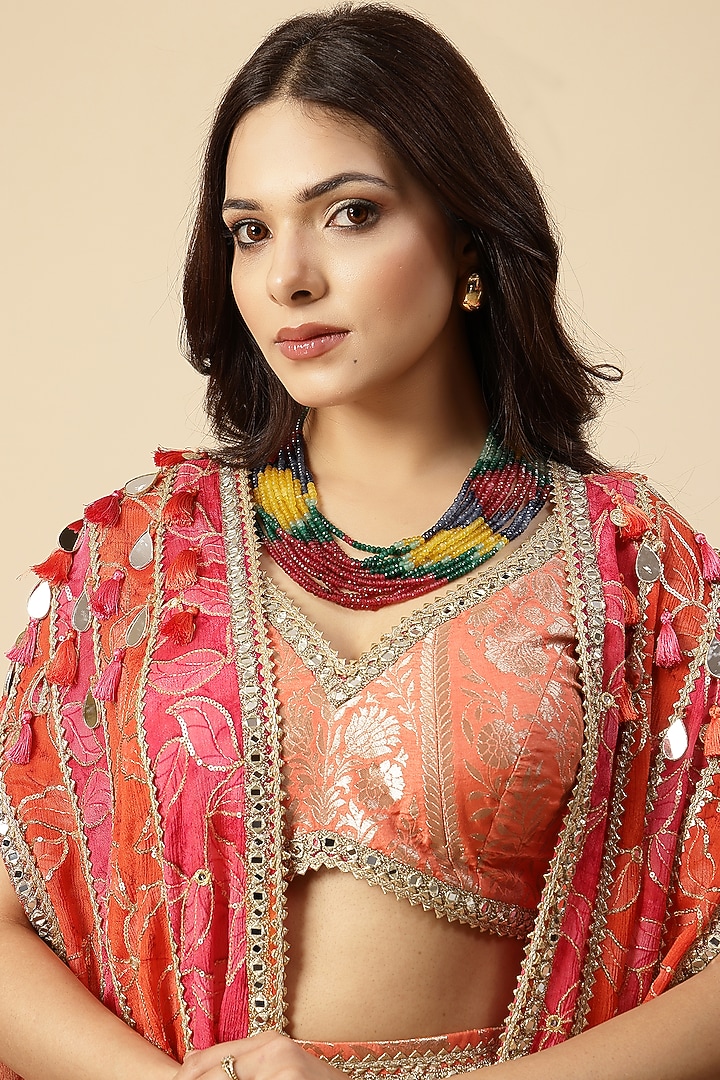Rani Rust Chinon Mirror Work & Floral Printed Wedding Sharara Set by Vannikaa Malik at Pernia's Pop Up Shop