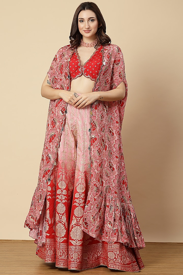 Pink Ombre Crape & Banarasi Floral Printed Sharara Set by Vannikaa Malik at Pernia's Pop Up Shop