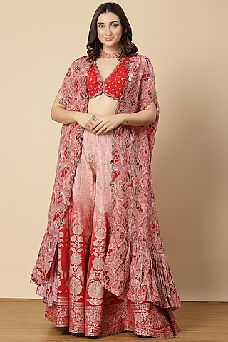 Pink Ombre Crape & Banarasi Floral Printed Sharara Set by Vannikaa Malik
