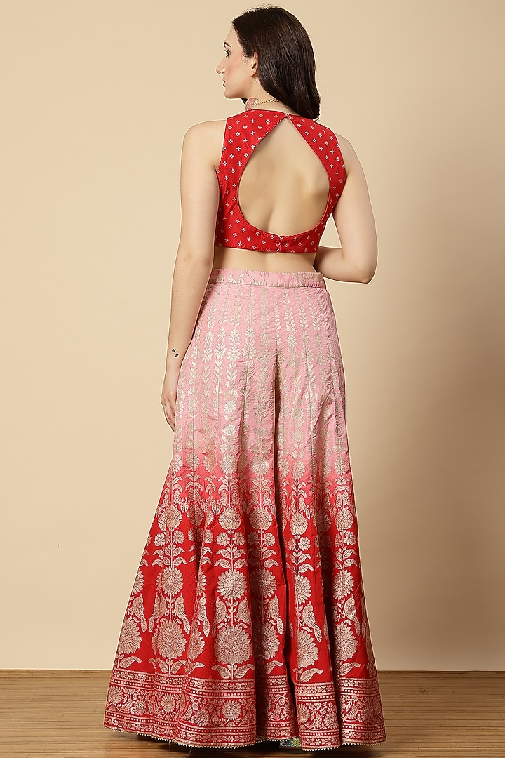 Pink Ombre Crape & Banarasi Floral Printed Wedding Sharara Set by Vannikaa Malik at Pernia's Pop Up Shop
