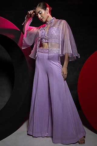 Lavender Self-Embroidered Georgette Palazzo Set by Vannikaa Malik