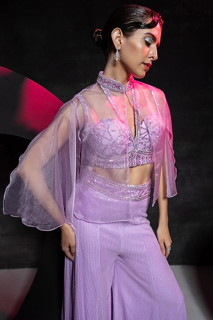 Lavender Self-Embroidered Georgette Palazzo Set by Vannikaa Malik at Pernia's Pop Up Shop