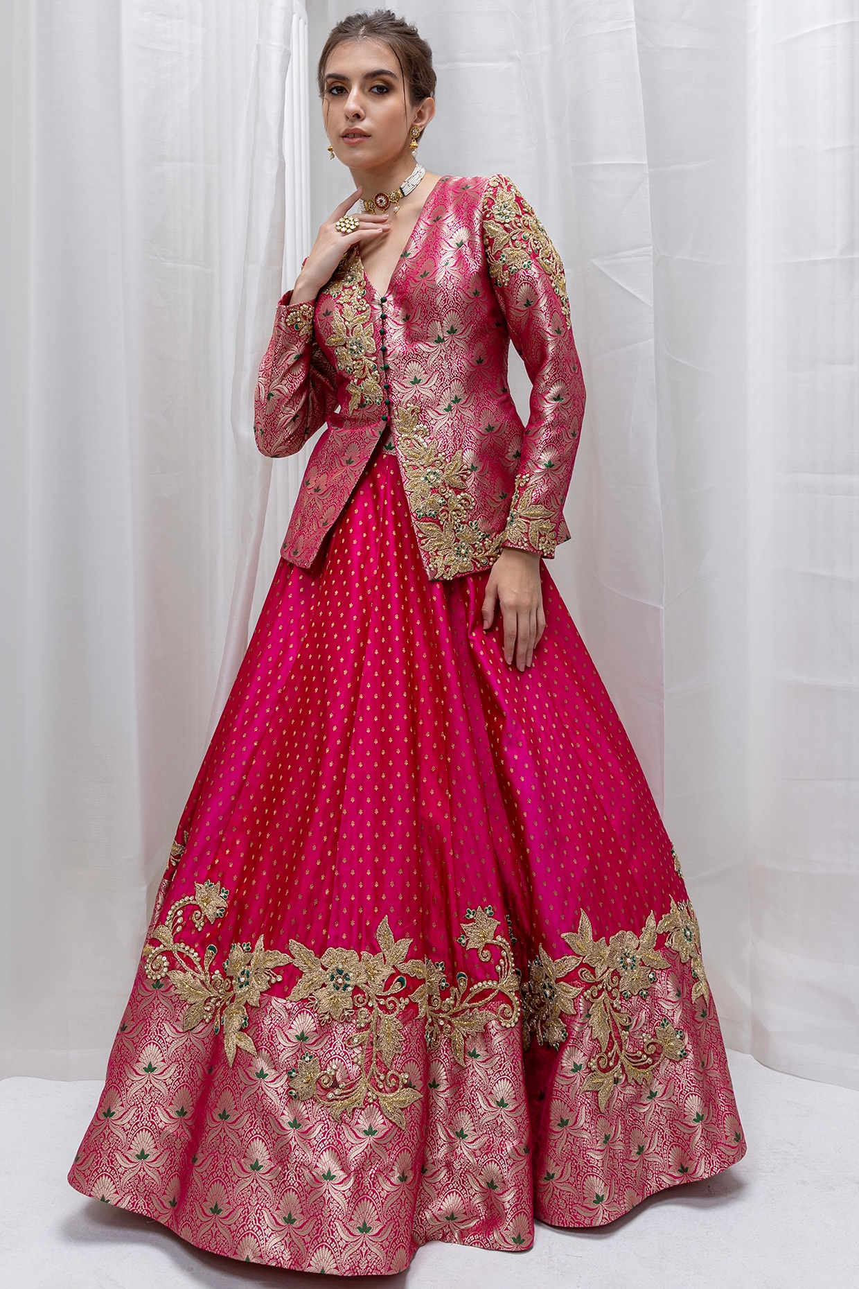 Netr - Rose Pink Jacket Paired With Bralette And Lehenga – Anuthi Fashion