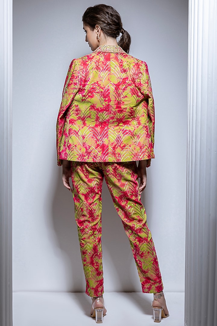 Green Velvet & Dupion Tie-Dye Printed Blazer Set by Vannikaa Malik at Pernia's Pop Up Shop