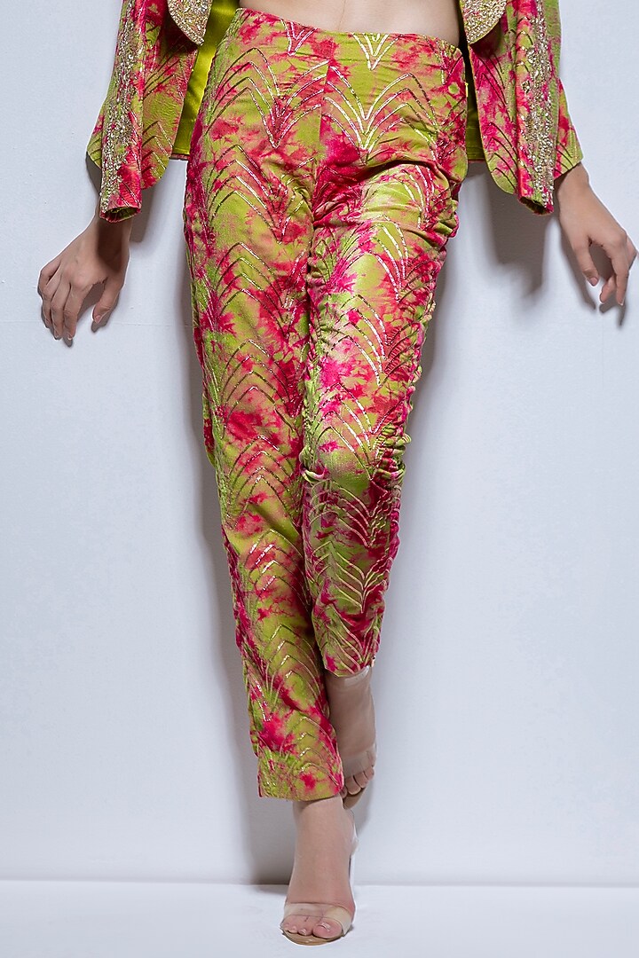 Green Velvet & Dupion Tie-Dye Printed Blazer Set by Vannikaa Malik at Pernia's Pop Up Shop