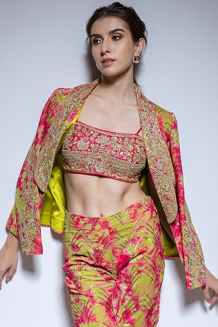 Green Velvet & Dupion Tie-Dye Printed Blazer Set by Vannikaa Malik at Pernia's Pop Up Shop