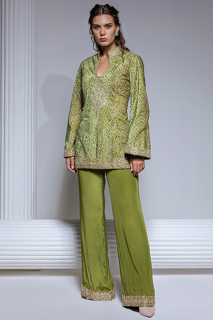 Green Upada Silk Hand Embroidered Palazzo Pant Set by Vannikaa Malik