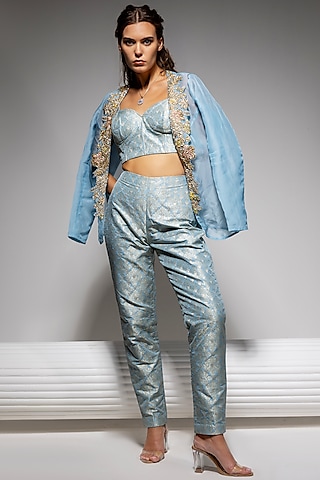 Powder Blue Organza Hand & Machine Embroidered Jacket Set by Vannikaa Malik
