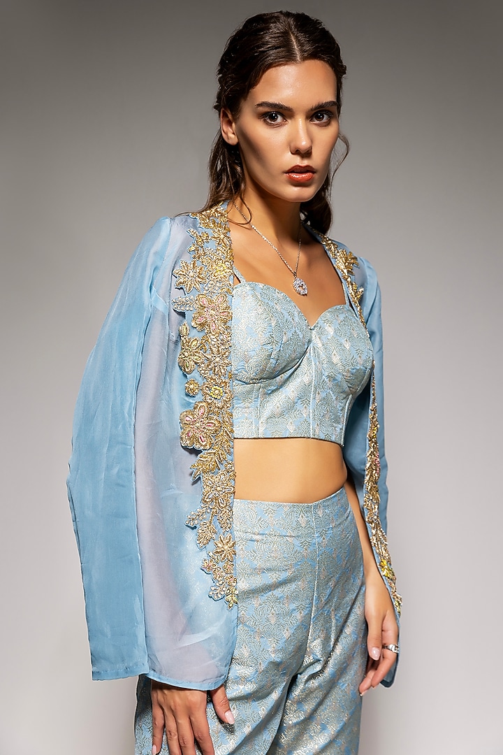 Powder Blue Organza Hand & Machine Embroidered Jacket Set by Vannikaa Malik at Pernia's Pop Up Shop