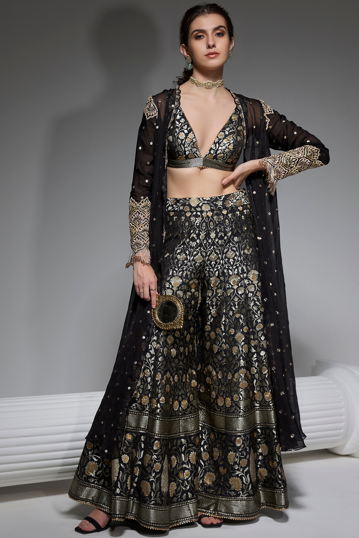Black Partywear Embroidered Georgette Sharara Suit
