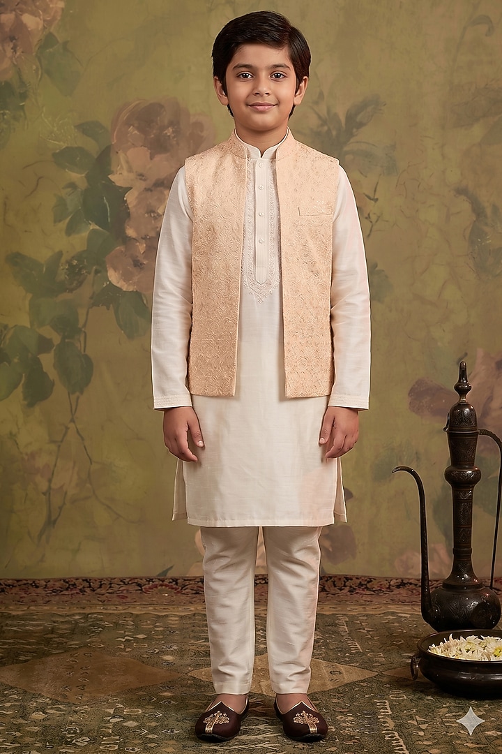 Blush Silk Sequin Embroidered Bundi Jacket Set For Boys by Vanshik Kids at Pernia's Pop Up Shop