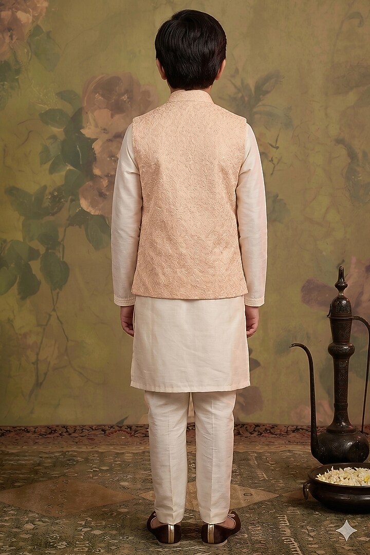 Blush Silk Sequin Embroidered Bundi Jacket Set For Boys by Vanshik Kids at Pernia's Pop Up Shop