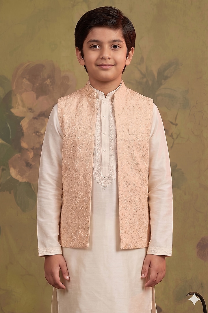 Blush Silk Sequin Embroidered Bundi Jacket Set For Boys by Vanshik Kids at Pernia's Pop Up Shop