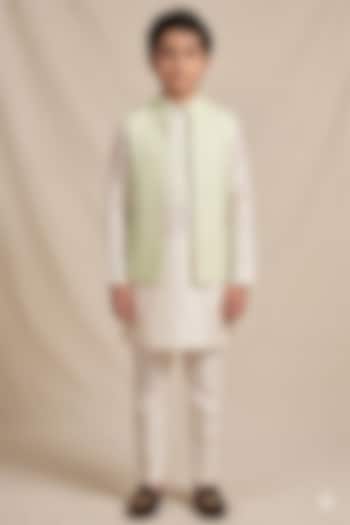 Mint Silk Sequin Embroidered Bundi Jacket Set For Boys by Vanshik Kids at Pernia's Pop Up Shop