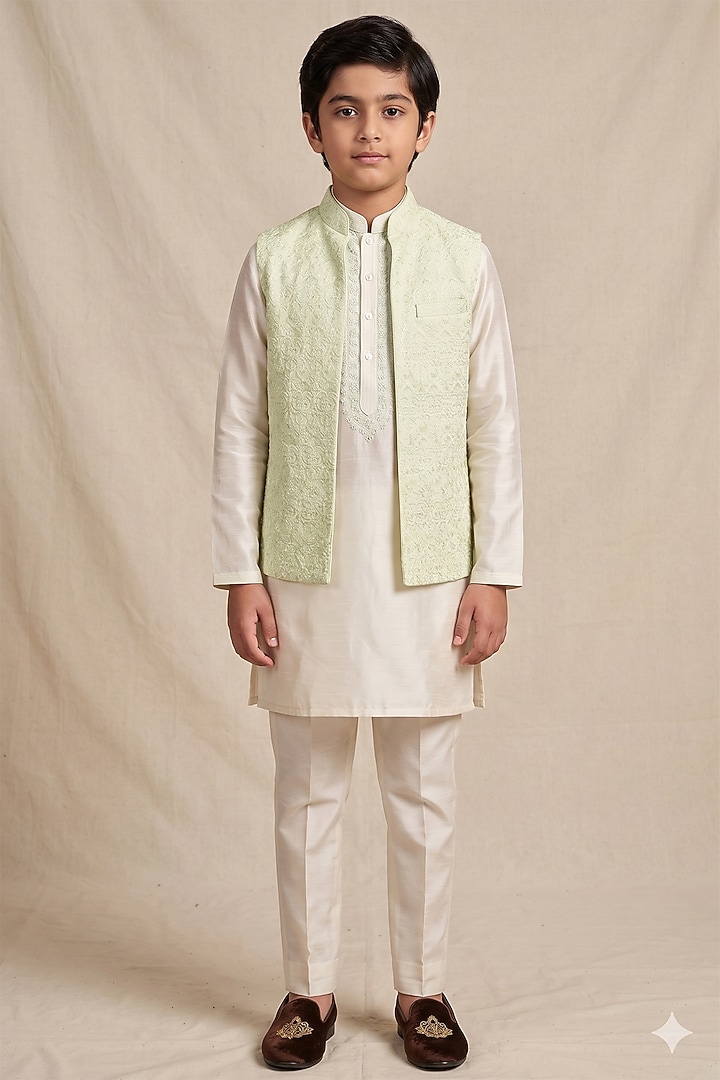 Mint Silk Sequin Embroidered Bundi Jacket Set For Boys by Vanshik Kids at Pernia's Pop Up Shop