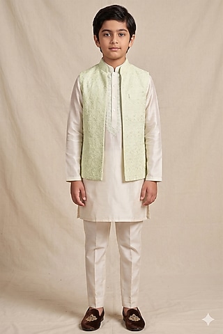 Mint Silk Sequin Embroidered Bundi Jacket Set For Boys by Vanshik Kids