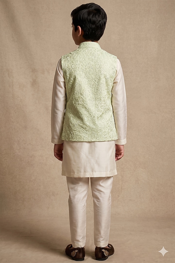 Mint Silk Sequin Embroidered Bundi Jacket Set For Boys by Vanshik Kids at Pernia's Pop Up Shop