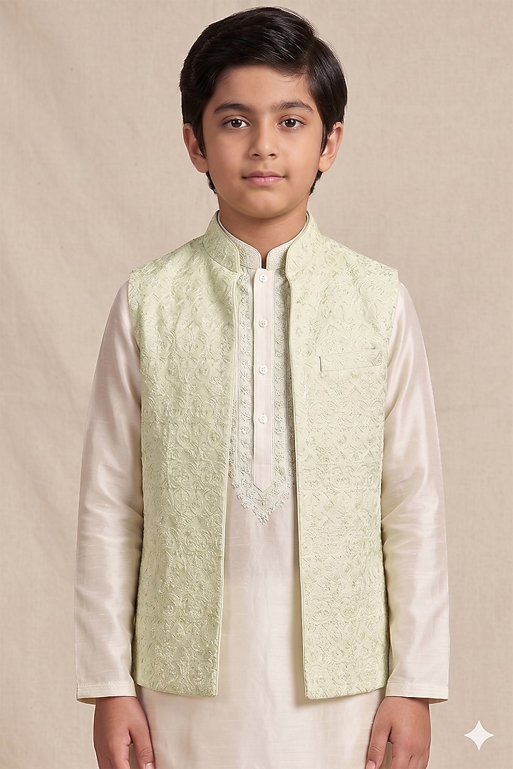 Mint Silk Sequin Embroidered Bundi Jacket Set For Boys by Vanshik Kids at Pernia's Pop Up Shop