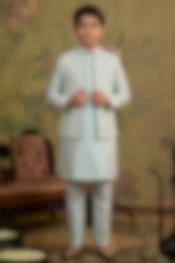 Aqua Silk Embroidered Bundi Jacket Set For Boys by Vanshik Kids at Pernia's Pop Up Shop