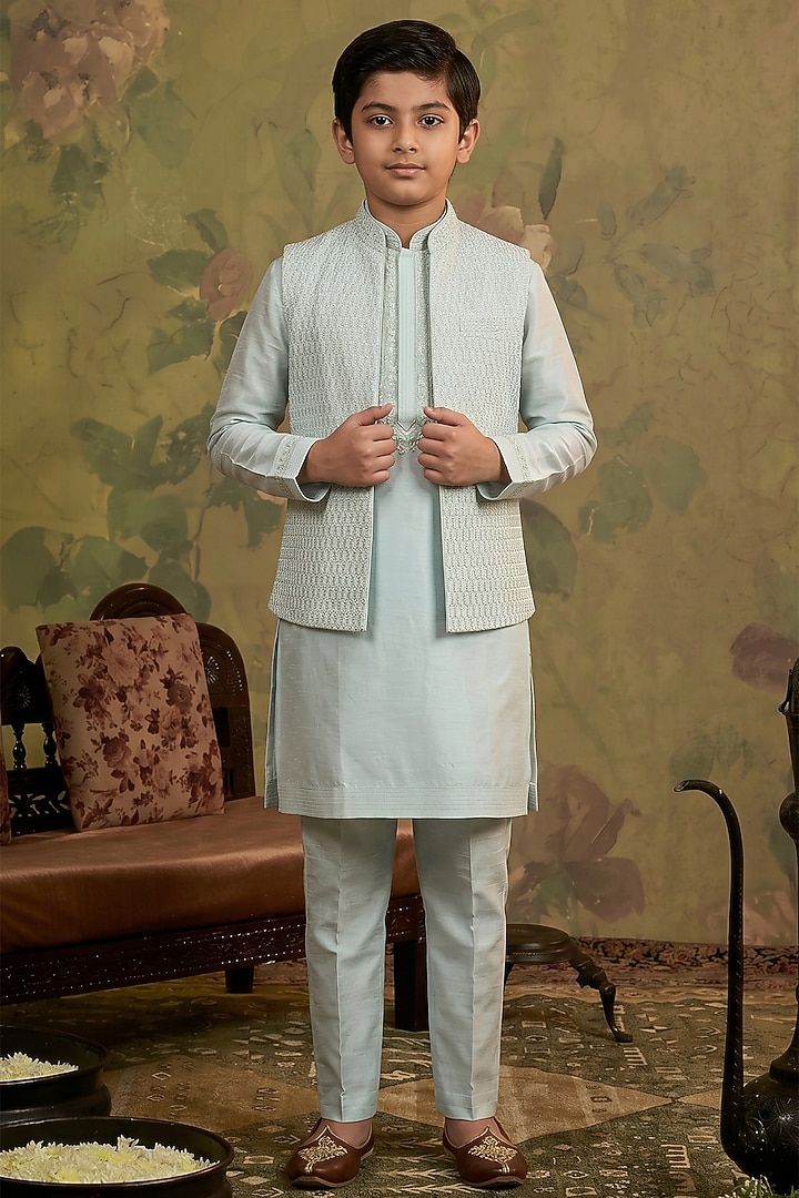 Aqua Silk Embroidered Bundi Jacket Set For Boys by Vanshik Kids at Pernia's Pop Up Shop
