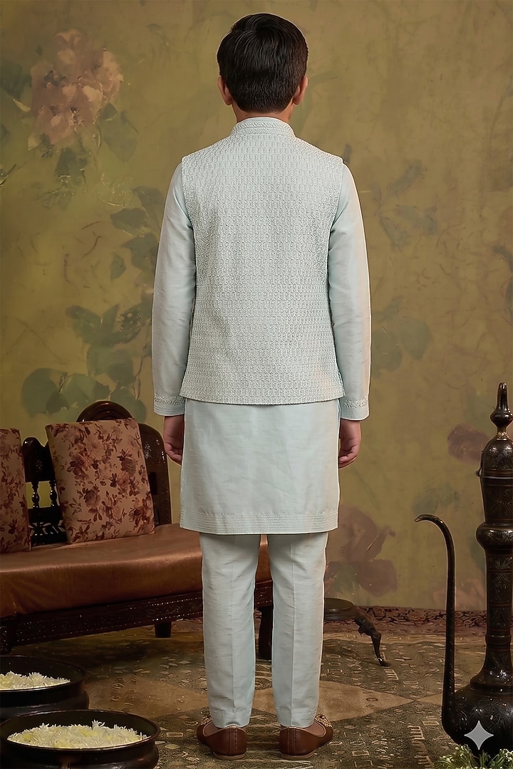 Aqua Silk Embroidered Bundi Jacket Set For Boys by Vanshik Kids at Pernia's Pop Up Shop