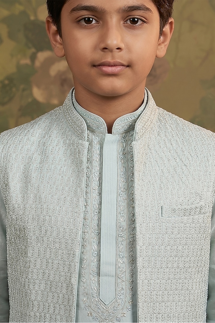 Aqua Silk Embroidered Bundi Jacket Set For Boys by Vanshik Kids at Pernia's Pop Up Shop