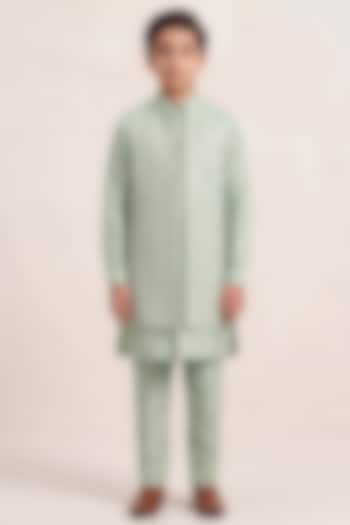 Mint Silk Zari Embroidered Indowestern Set For Boys by Vanshik Kids at Pernia's Pop Up Shop