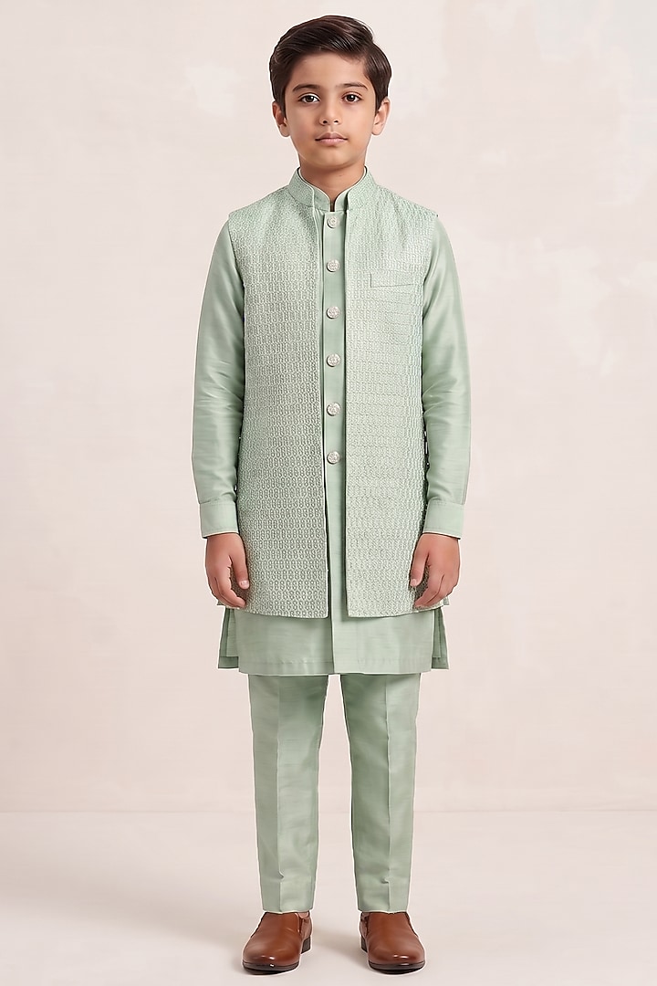 Mint Silk Zari Embroidered Indowestern Set For Boys by Vanshik Kids at Pernia's Pop Up Shop