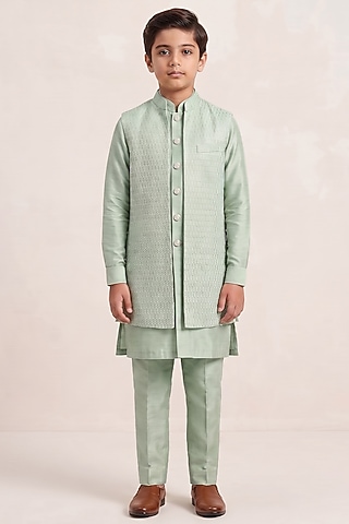 Mint Silk Zari Embroidered Indowestern Set For Boys by Vanshik Kids