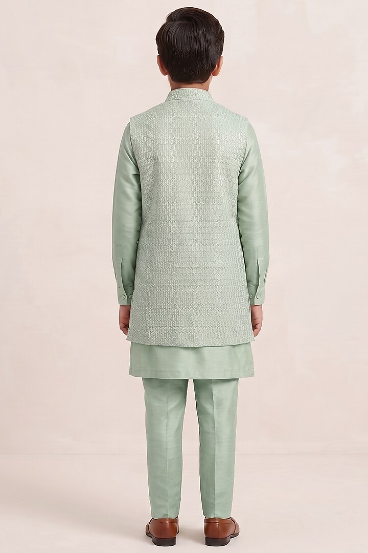 Mint Silk Zari Embroidered Indowestern Set For Boys by Vanshik Kids at Pernia's Pop Up Shop