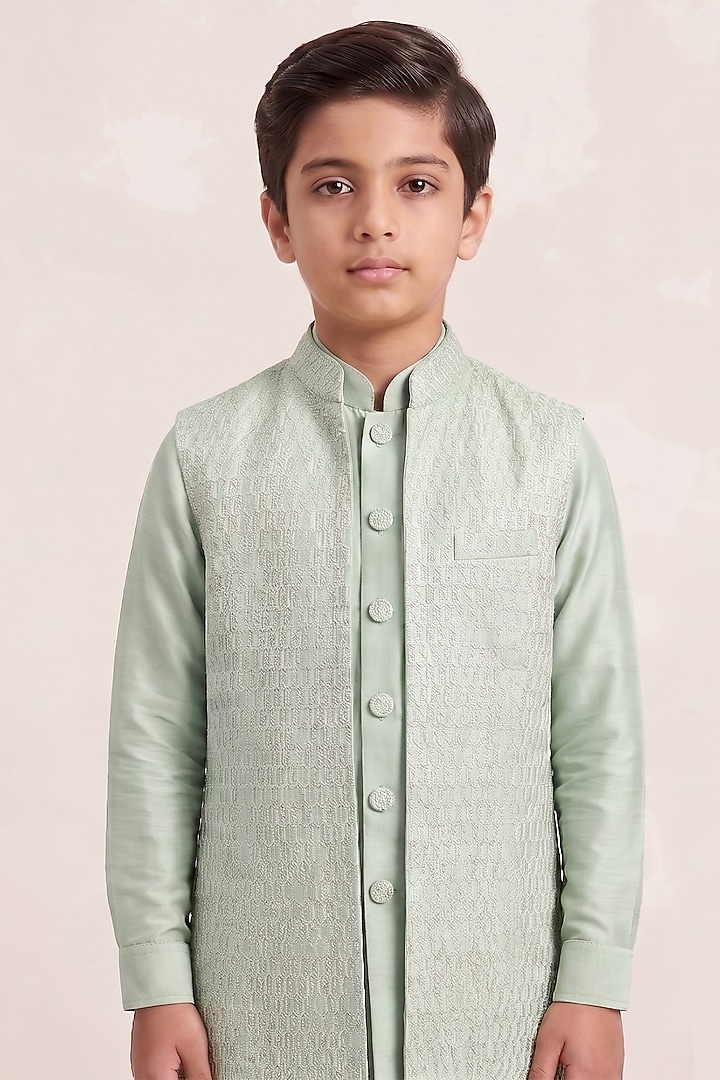 Mint Silk Zari Embroidered Indowestern Set For Boys by Vanshik Kids at Pernia's Pop Up Shop