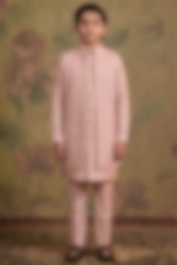 Rose Pink Silk Zari Embroidered Indowestern Set For Boys by Vanshik Kids at Pernia's Pop Up Shop